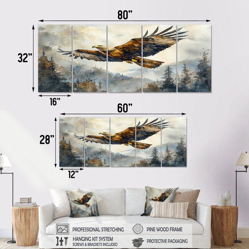 Aigle brun montant au-dessus de la vallée - Art mural oiseau - art mural moderne pour le salon, 5, H 32 po x l 80 po