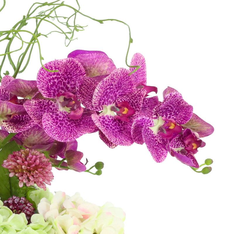 Centre de table orchidée avec hortensias et dahlias, Green;Purple;Pink;White, 16" H x 16" W