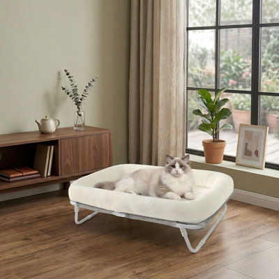 Foldable Elevated Pet Hammock, Self-Supporting Raised Puppy Lounger with Off-Floor Metal Frame & Washable Cover, for Small Dogs & Kittens, Indoor Use, 25.2x15.75x7.48 in, White