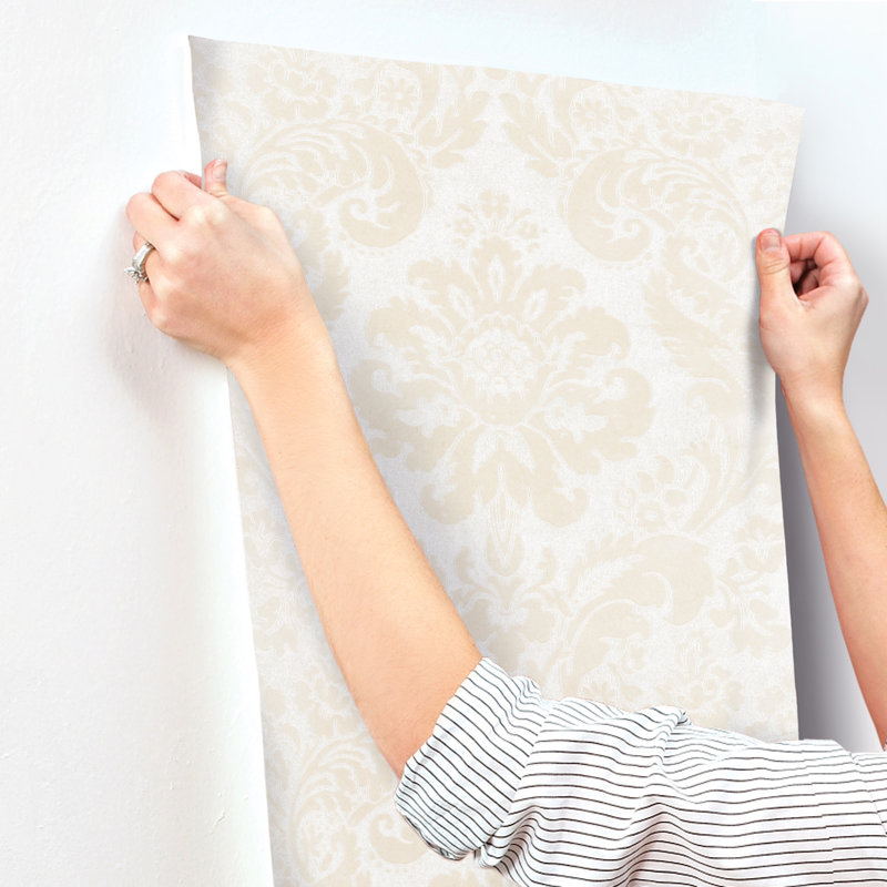 Shadow Black Flocked Damask Wallpaper, White