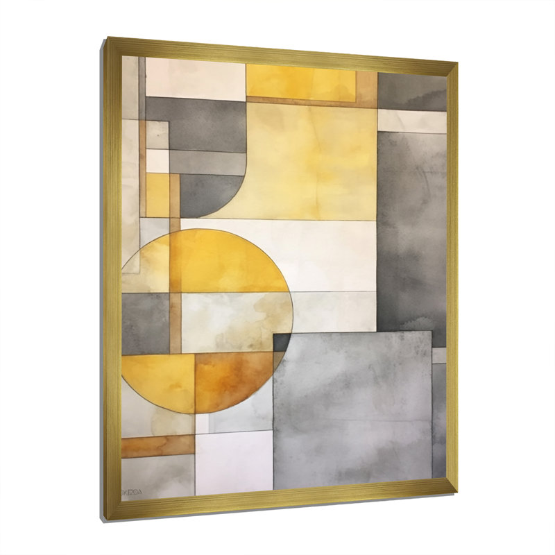 «Yellow and Gray Intersecting Realities I - Abstract Shapes», art mural encadré, Cadre doré à une seule photo