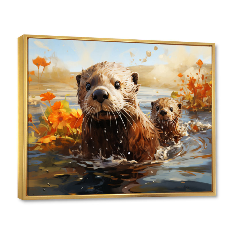 «Billey Brown Otters Odyssey», reproduction sur toile, Cadre flottant doré, H 34 po x l 44 po x P 1,5 po