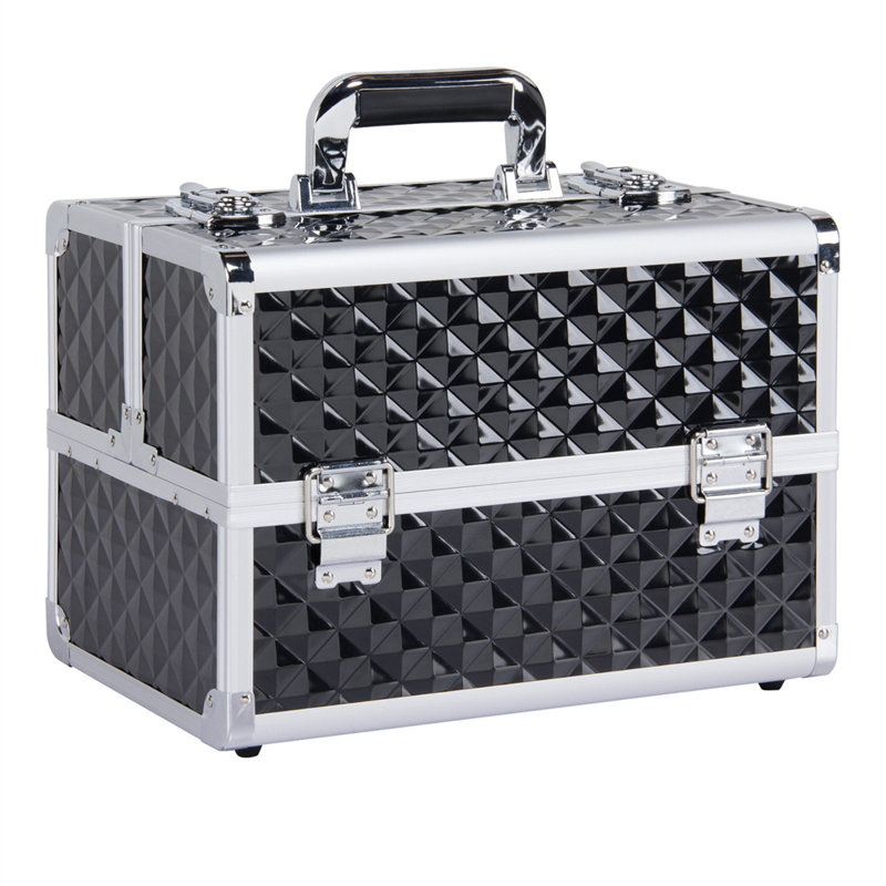 Professional Cosmetic Case Lockable Makeup Box Beauty Travel Case, Silver/Black