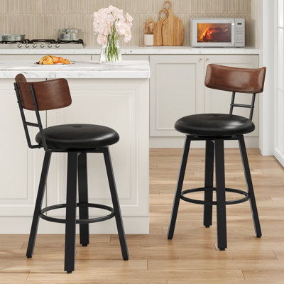 360° Swivel Bar Stools Set of 2, 25.6" Counter Height Bar Chairs with Curved Back and Footrest, Upholstered Seat, for Dining Room, Kitchen, Pub, Cafe, Brown and Black