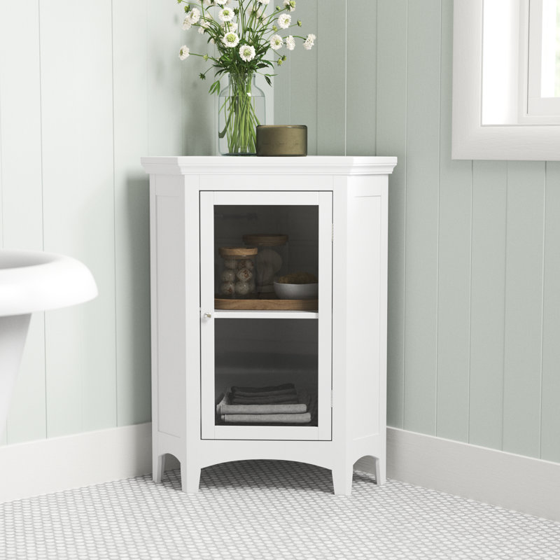 Allare Freestanding Corner Floor Storage Cabinet with Tempered Glass Door and Adjustable Shelves