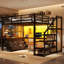 Grand lit mezzanine avec bureau, lit mezzanine avec tiroirs et escalier de rangement, structure de lit mezzanine en métal robuste pour les adolescents et les adultes, mobilier de chambre multifonctionnel tout-en-un, noir