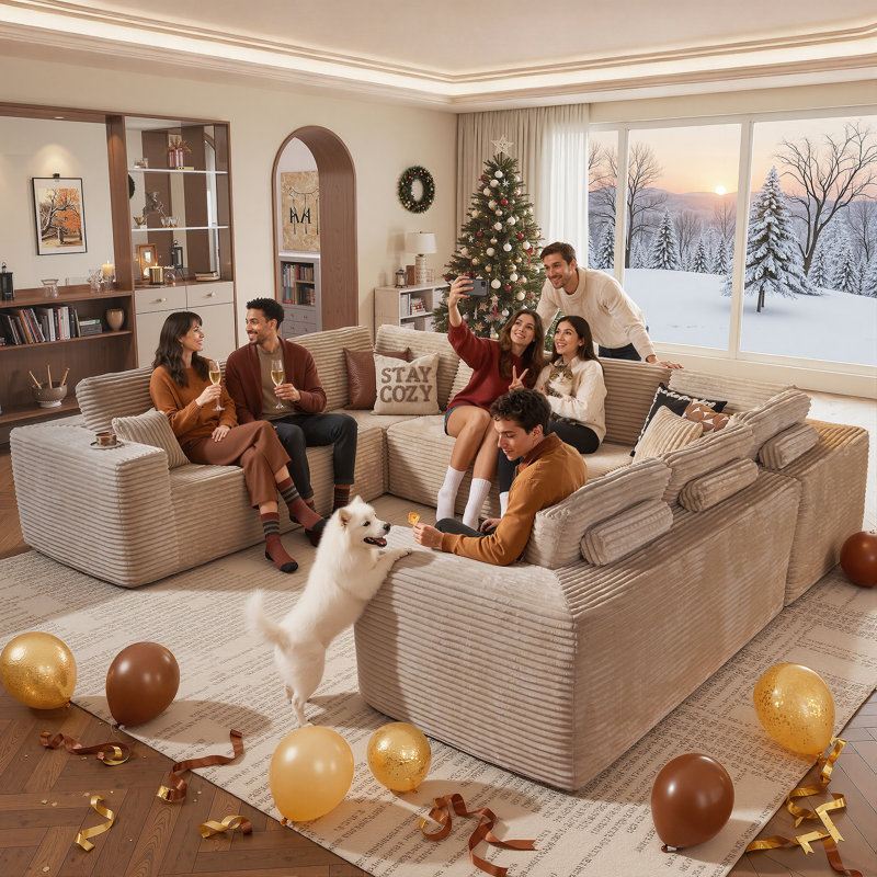 Canapé modulaire en velours côtelé moelleux en forme de U Koyu Cloudelle, Velours côtelé beige