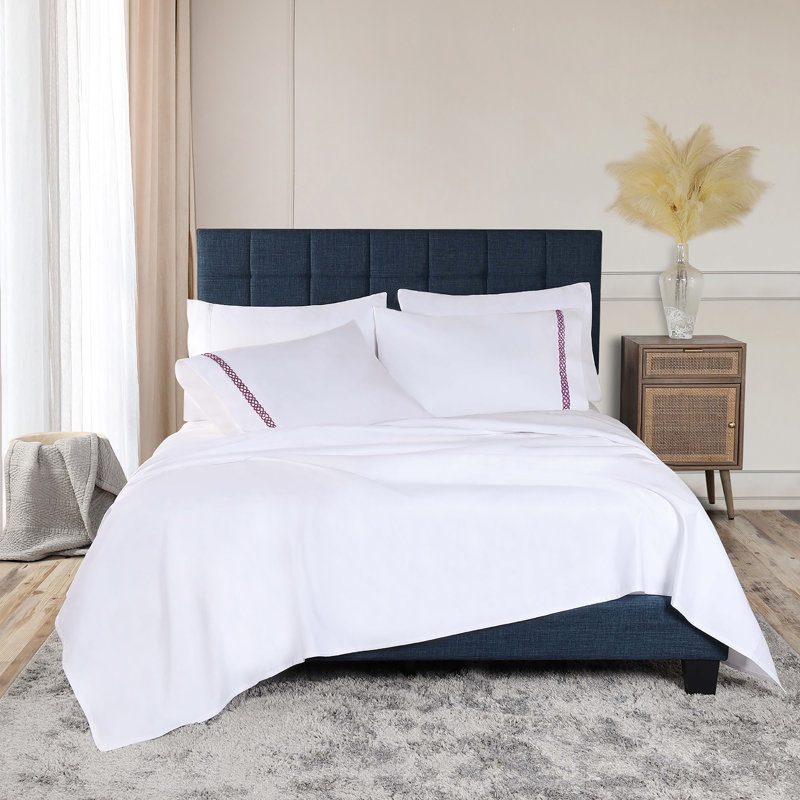 Ensemble de literie en coton 1000 fils Infinity Scroll, Ensemble de draps pour lit très grand californien, Blanc / Prune