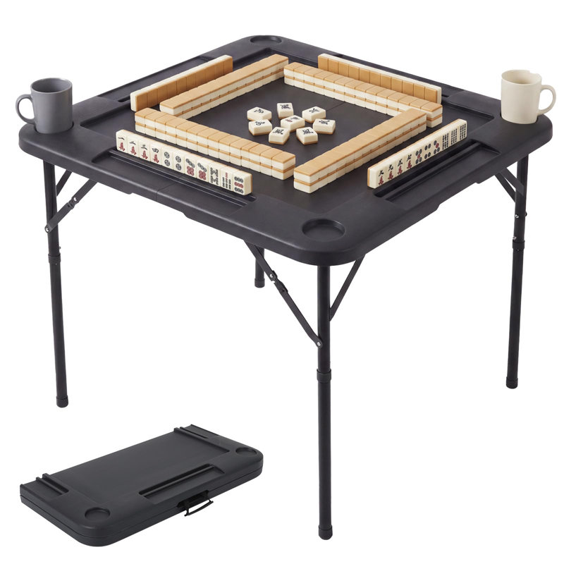 Table de jeu de cartes 34 po pliante noire Mahjong sans nappe carrée en feutre de PEHD avec 4 porte-gobelets, 3