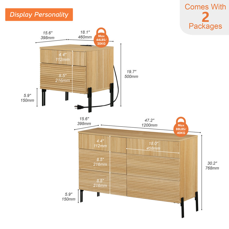 Ensemble de commode et de table de chevet 6 tiroirs Laverda, Chêne, Deux pièces : Commode et table de chevet