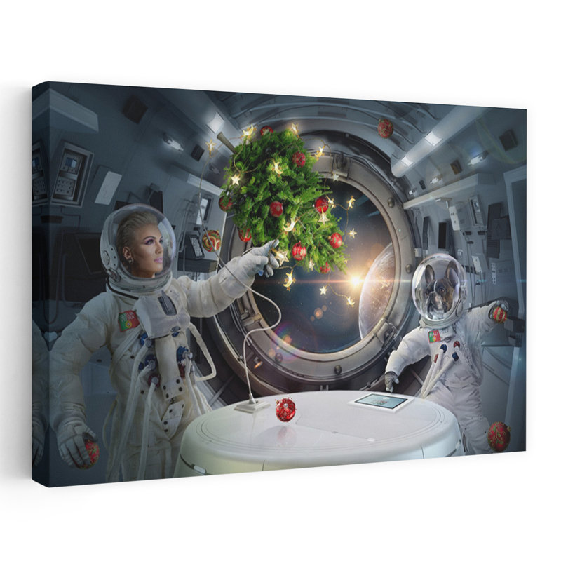 Astronaut Dog Christmas Whimsical Abstract Contemporary Christmas Tree Dog Landscape Nature Wall Art Print 1 Piece Wrapped Canvas Wall Art