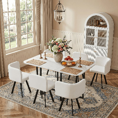 59" Modern Dining Table Set For 6 With 6 White PU Leather Chairs, Faux Marble Melamine Top