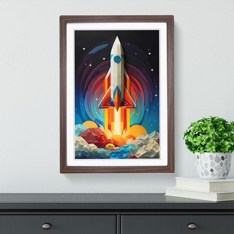 Rocket Geometric No.2 - Single Picture Frame Print on Wood, Walnut, 46cm H x 34cm W x 2cm D