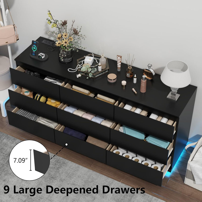Floating 9 Drawer 63" W Triple Dresser, Black