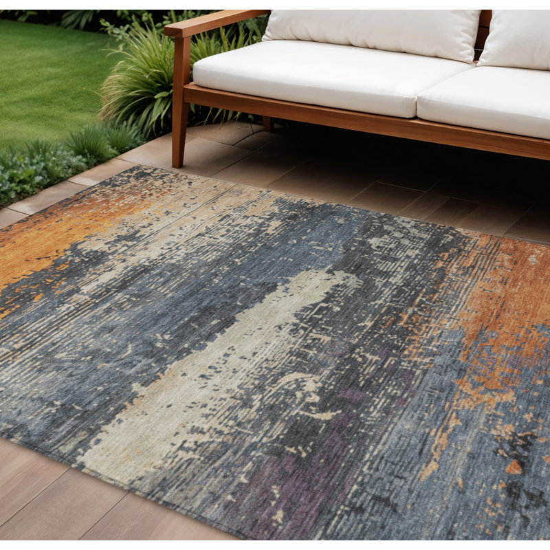 Tapis intérieur/extérieur lavable, abstrait, bleu, gris et orange, 2,44 m x 3,05 m