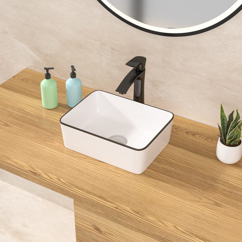 Meuble-lavabo de salle de bain rectangulaire au-dessus du comptoir avec rebord en céramique noir 16 po x l 12 po, Noir