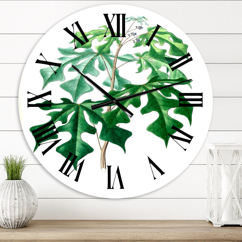 Vintage Green Leaves Plants II - horloge murale traditionnelle, Moyen