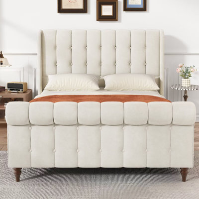 Upholstered Platform Sleigh Bed with Button Tufted Headboard & Footboard， Velvet Wingback Headboard, Metal Frame & Wooden Slat Support, No Box Spring Needed, Easy Assembly, Noiseless