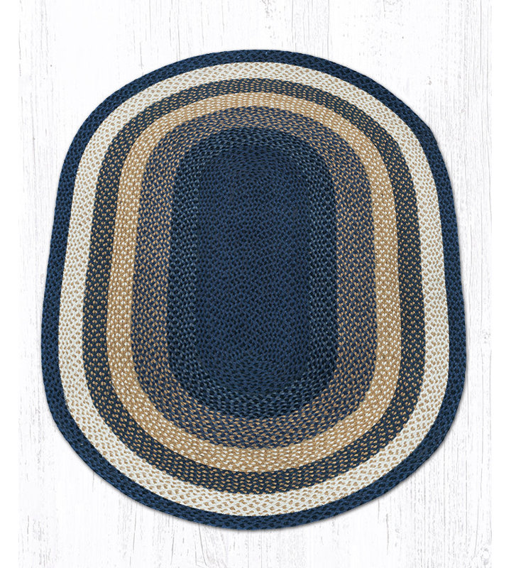  Light Blue, Dark Blue & Mustard Oval Braided Rug – Handcrafted Quality, Oval 4' x 6'