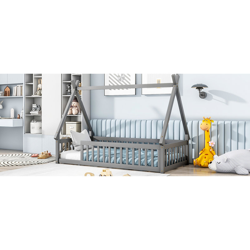 Lit simple avec structure et garde-corps - Taille grise avec garde-corps durables