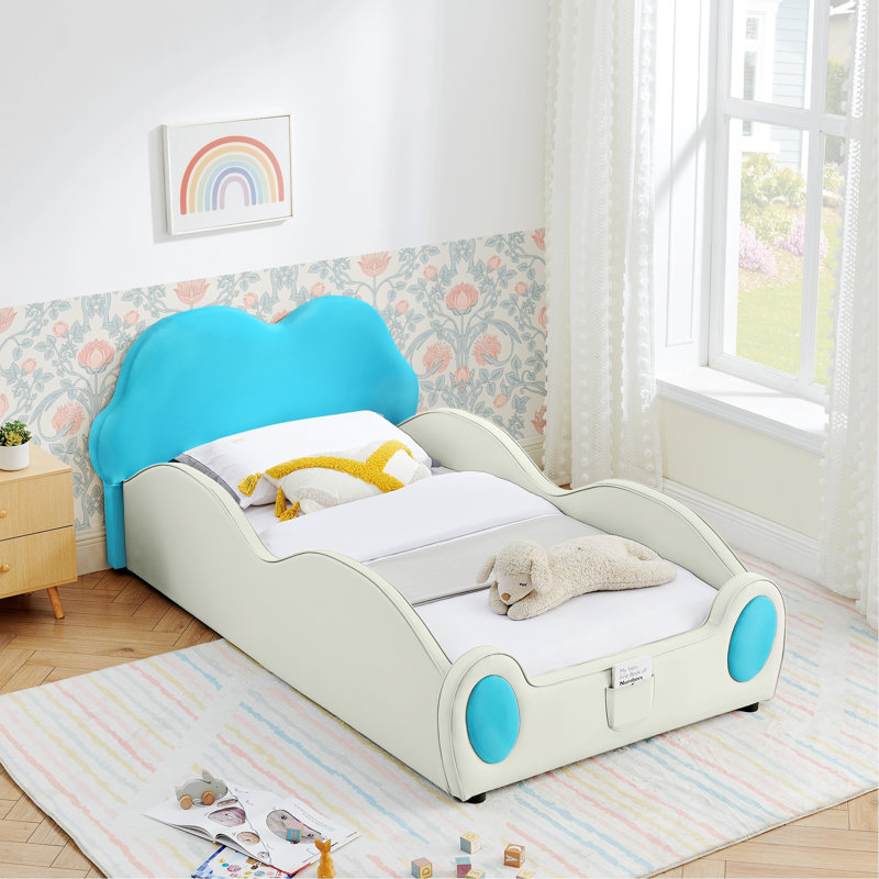 Lit pour chambre à coucher, lit avec garde-corps, poche de rangement, Beige,Blue