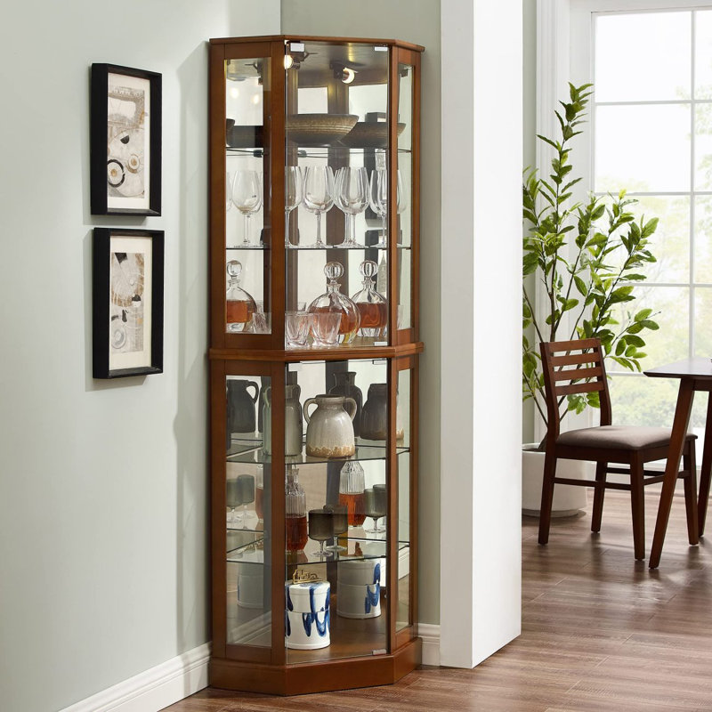 6 Shelf Corner Curio Display Cabinet With Lights, Mirrors And Adjustable Shelves(E26 Light Bulb Not Included), Walnut