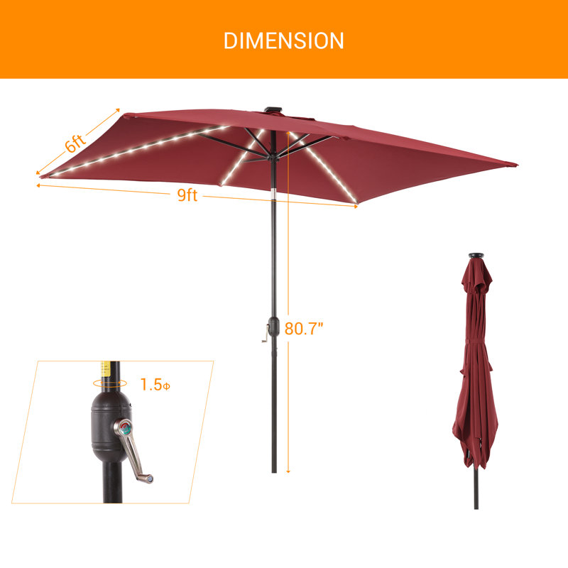 Parasol de marché d'extérieur rectangulaire à DEL 9 pi avec bouton-poussoir Saraye, Vin rouge