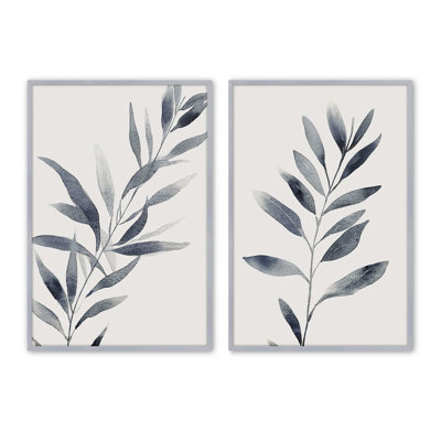 24" x 18" Monochrome Botanica (Blue) Set of 2 Print on Archival Matte Paper in a Satin Black Frame