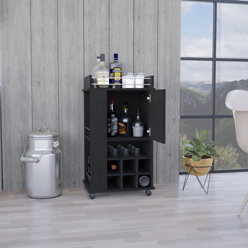 Fargo Bar Cart With Cabinet, 6 Built-In Wine Rack And Casters, Gray
