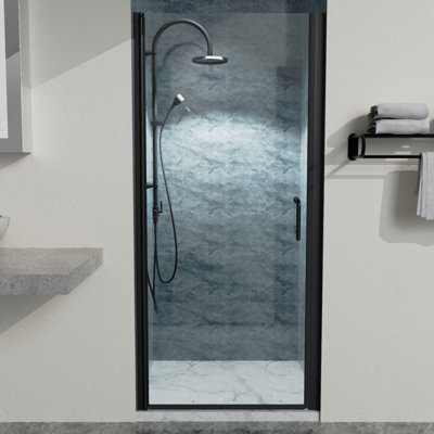 34-36 In. W X 72 In. H Frameless Pivot Shower Door, Clear Glass With Matt Black Finish, Reversible Installation
