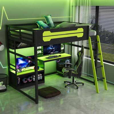 Full Size Wood Loft Bed with Desk, Shelves, LED Lights, USB Ports and Pegboard