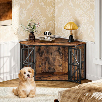 Meuble de rangement en coin pour chien de 44 pouces - Meuble télé de coin en métal pour chien de taille moyenne, brun rustique et noir