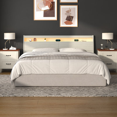 headboard with storage with LED Light Storage Shelves Power Outlets USB Ports and Skirting Slot