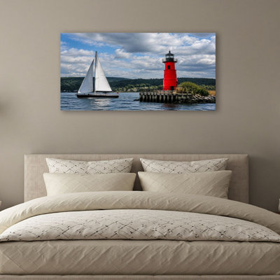 Canvas Wall Art Sailboat red lighthouse Wall Decor for Living Room Bathroom Bedroom Office 20"H x 40"W Art Paintings, Ready to Hang