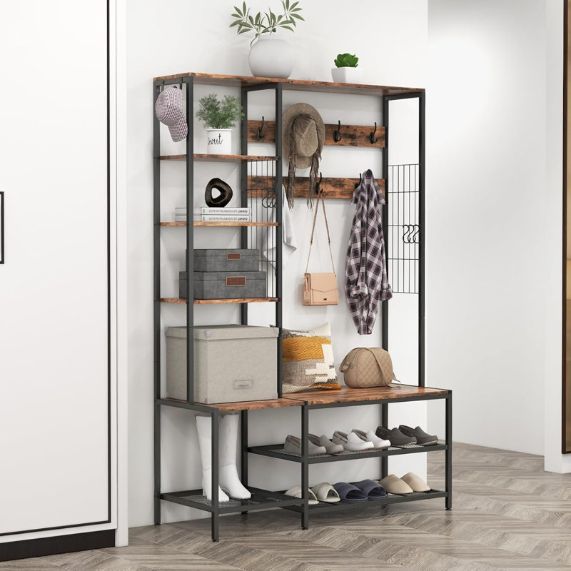 47.3'' Hall Tree with Bench and Shoe Storage, Coat and Shoe Rack, Entryway Coat Rack