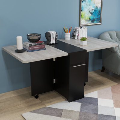 Table de salle à manger pliante polyvalente avec abattant - étagère de rangement à 2 niveaux - 6 roulettes pour faciliter le déplacement - table de cuisine pliante peu encombrante - gris Carlo