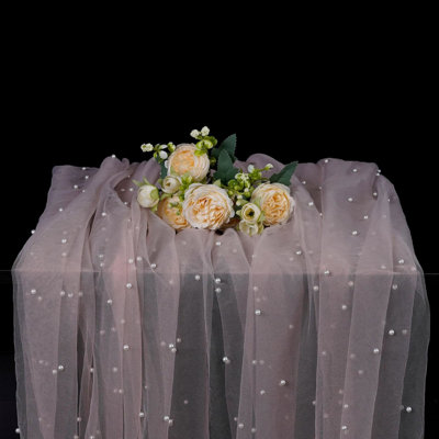 Pearl Table Runner 10FT, Tulle Runners Rustic Lace Fabric Centerpieces for Wedding Arch Birthday Bridal Veil Baby Shower Decorations Sheer Dining Holiday Decor for Party