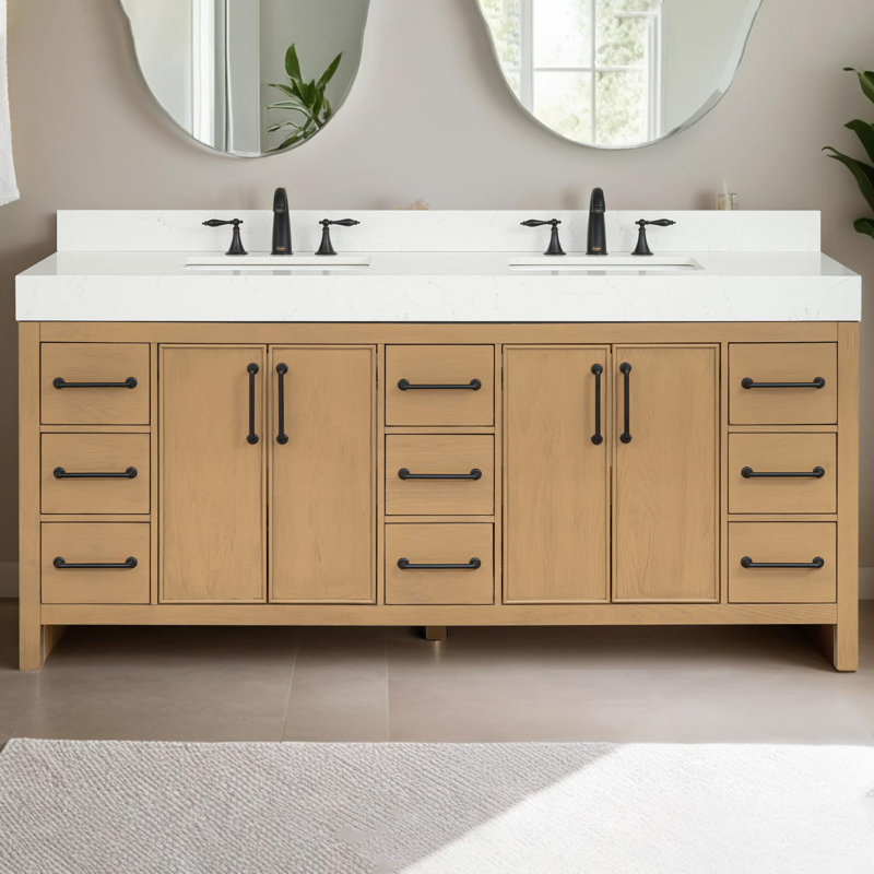  Valvet 72 Inch Bathroom Vanity with Sink, Firwood Oak – 100% Premium Solid Wood Vanity Cabinet – 4" Thick Quartz Countertop – Water-Resistant Finish – Fully Assembled