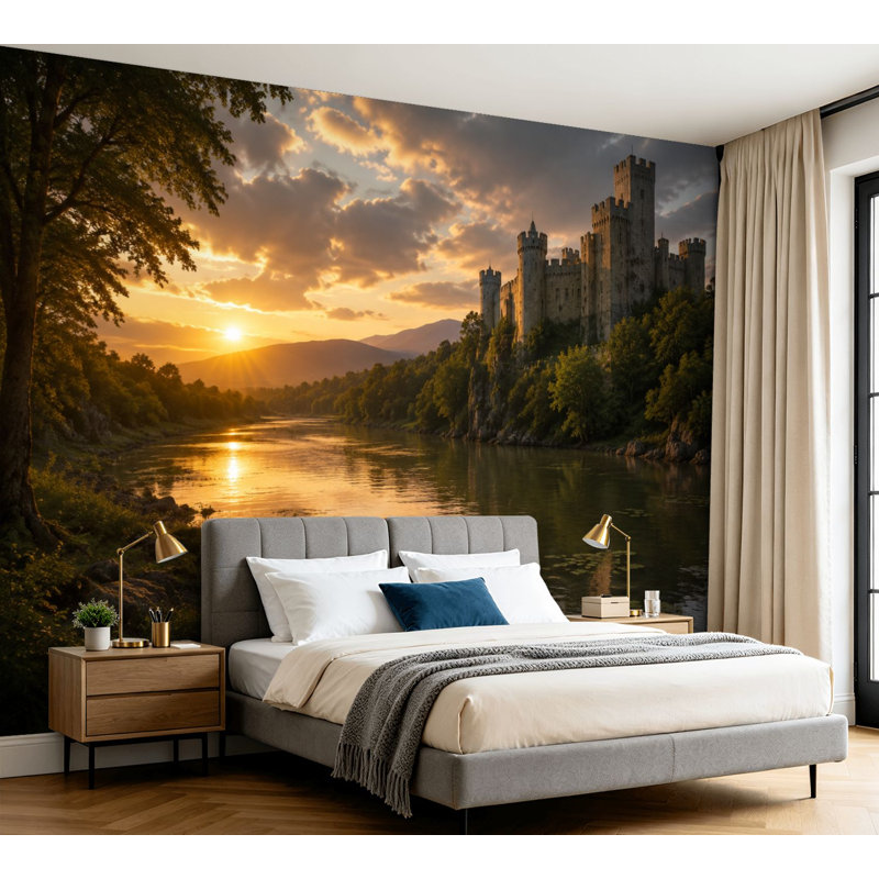 Papier peint adhésif autocollant amovible Château médiéval par River Sunset Dramatic Sky, L 100 po x l 144 po