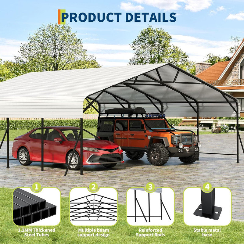 Abri de garage surdimensionné en métal 20 po x 20 pi avec cadre en acier pour voitures et bateaux, H 9 pi x l 20 pi x P 20 pi