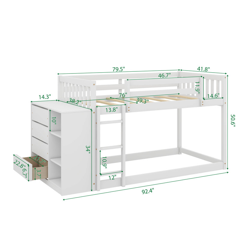 Lit superposé avec 4 tiroirs et 3 tablettes, Simple sur simple, Blanc