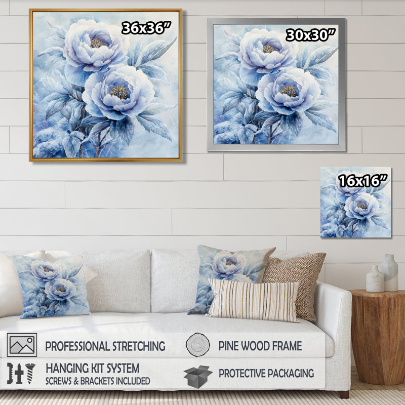 Pivoine bleue glacée - art mural pivoines, Impression encadrée flottante, Noir, noir, noir, noir, H 16 po x l 16 po