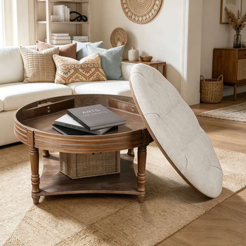 Large Round Waterproof Ottoman Coffee Table 2 Tier Oversized Button Tufted Ottoman With Wooden Shelf Storage Farmhouse Upholstered Coffee Table Living Room Footstool Ottoman Linen