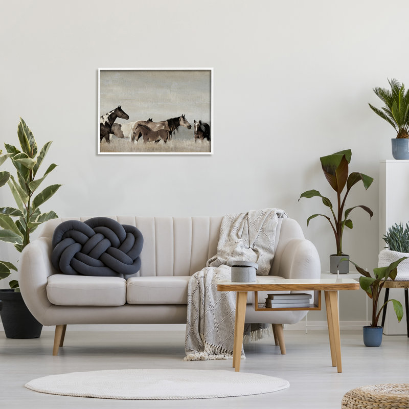 White Framed Canvas Print of Grazing Horses, 30" x 24"