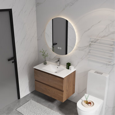 Meuble-lavabo mural 30 po avec lavabo en céramique, 2 tiroirs à fermeture en douceur, ensemble KD