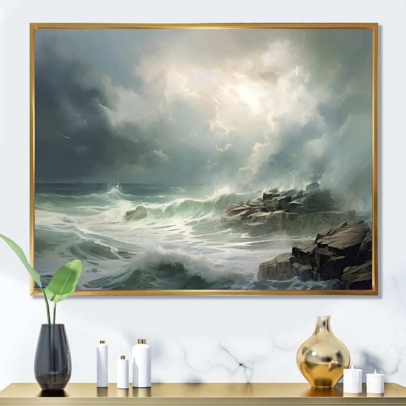 «Ocean Coastal Fury Storm», reproduction sur toile, Cadre flottant doré, H 16 po x l 32 po x P 1 po