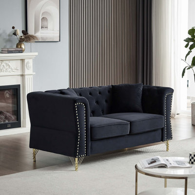 Canapé Chesterfield 60,2 po en velours beige pour salon, canapé 2 places capitonné avec pied en métal et tête de clou pour salon, chambre à coucher, bureau, appartement
