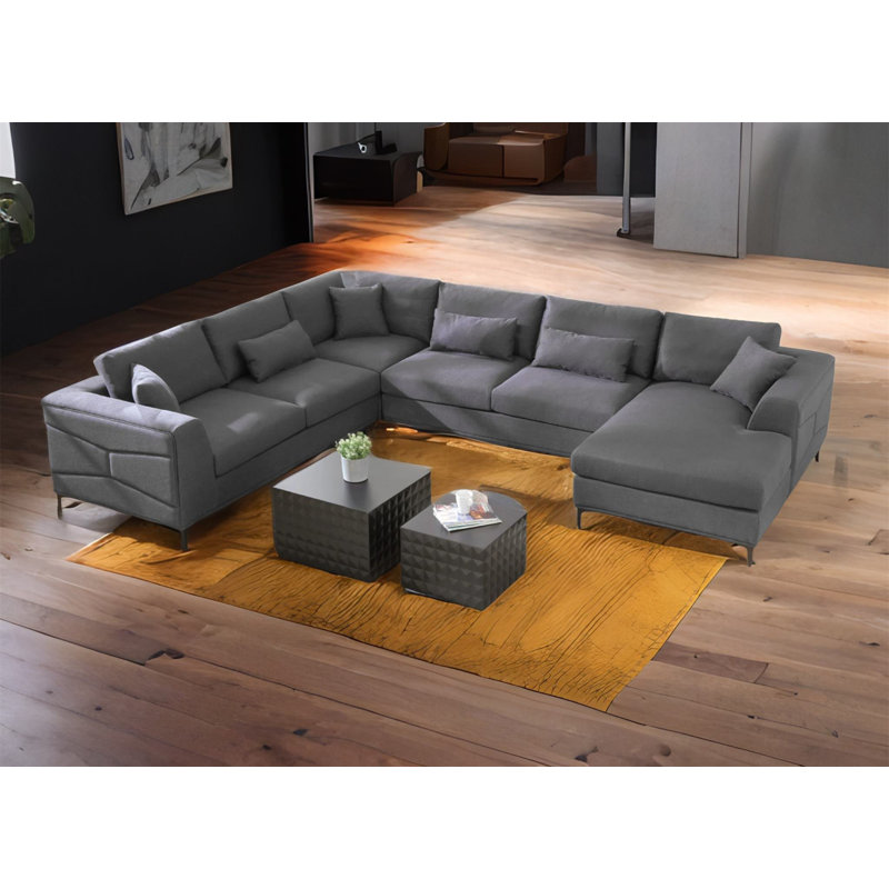 Large Sectional Sofa, Dark Grey Boucle