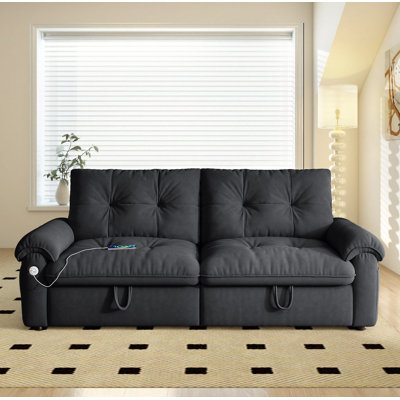 Burwell 77" Velvet Multi-Functional Convertible Sofa Bed with USB Charging Ports – Soft Velvet Couch Bed for Living Room, Small Spaces, Guest Room