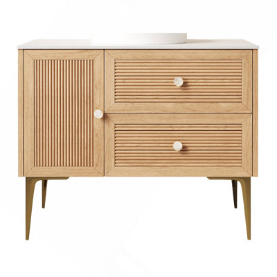 36" Freestanding Bathroom Cabinet with Carrara White Sintered Stone Counter Top, Two Drawers and One Door, NO Basin, Light Oak Woodgrain Color
